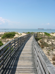 a boardwalk leading to the swimming beach